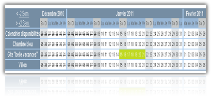 Calendrier de r�servations par p�riode, par semaine avec tarif et disponibilit�
